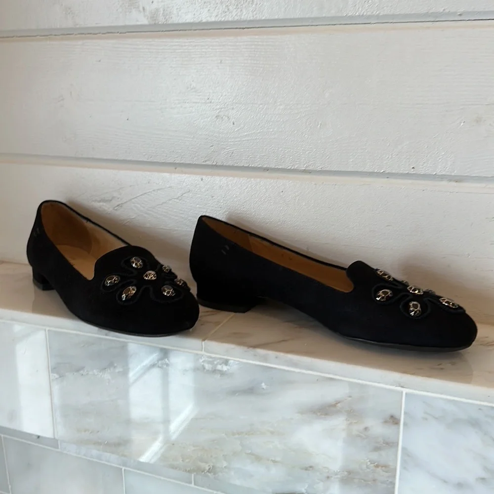 Sesto Meuuci Black Suede Embellished Slip-On Loafers Size 8